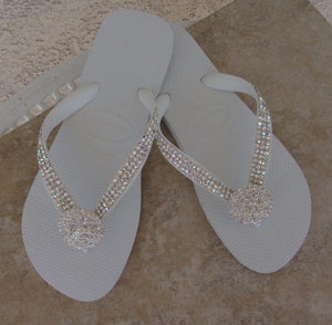 White Bridal Flip Flops bedazzled in Crystal Clear and Crystal AB Swarovski Crystals 