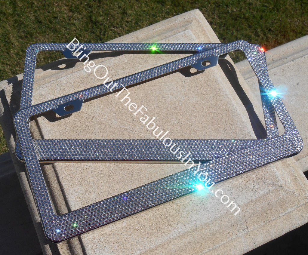 Boulevard Green Crystal License Plate Frame - 7 Rows Of Bling - Chrome Finish